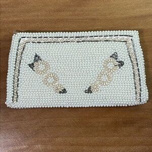 50’s 60’s HandBeaded Floral Small Evening Bag Clutch Japan Cream Gray Pale Peach